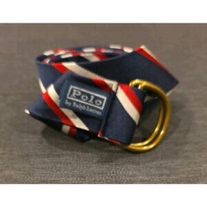 Polo Ralph Lauren Navy Red and White Stripe Double-D Ring Belt Sz Large 46"